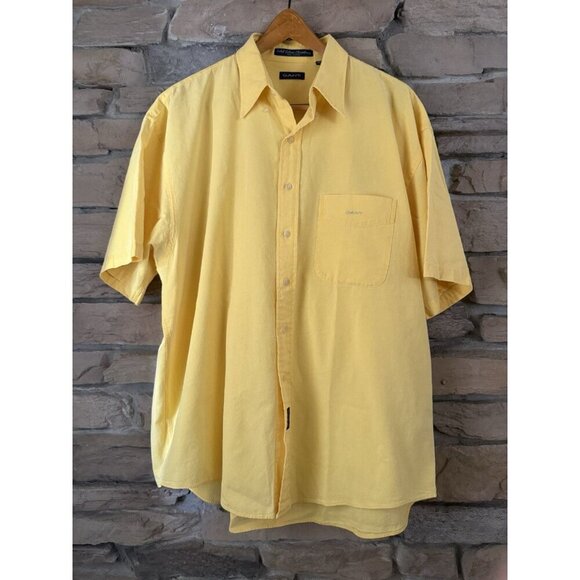 GANT XL Yellow Button Down Shirt 100% Cotton Solid Color Chambray Short Sleeve - Picture 1 of 8